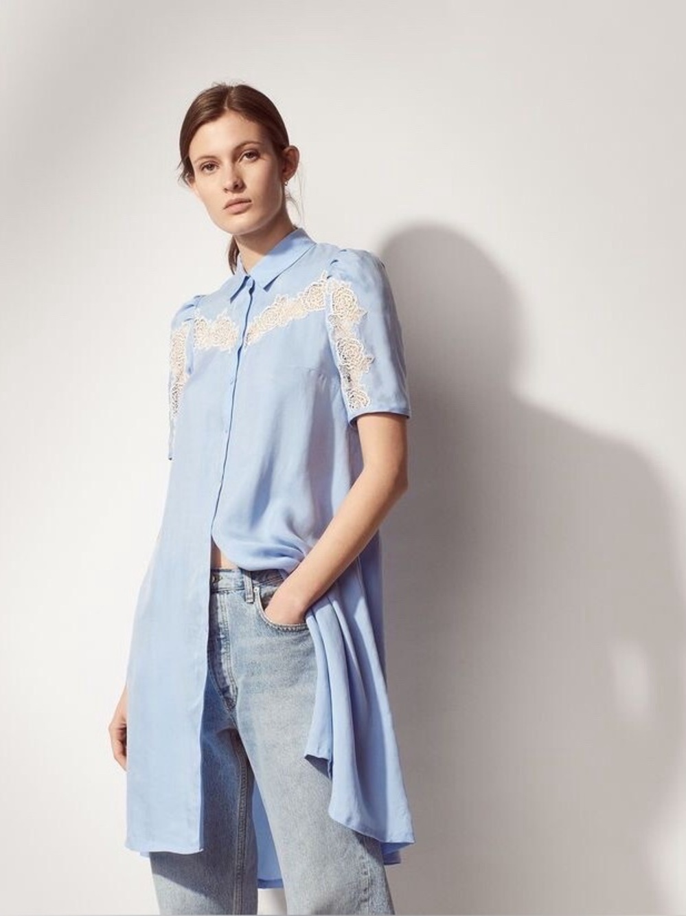 SANDRO PARIS
Slade Lace-Inset Button-Down Shirt Dress